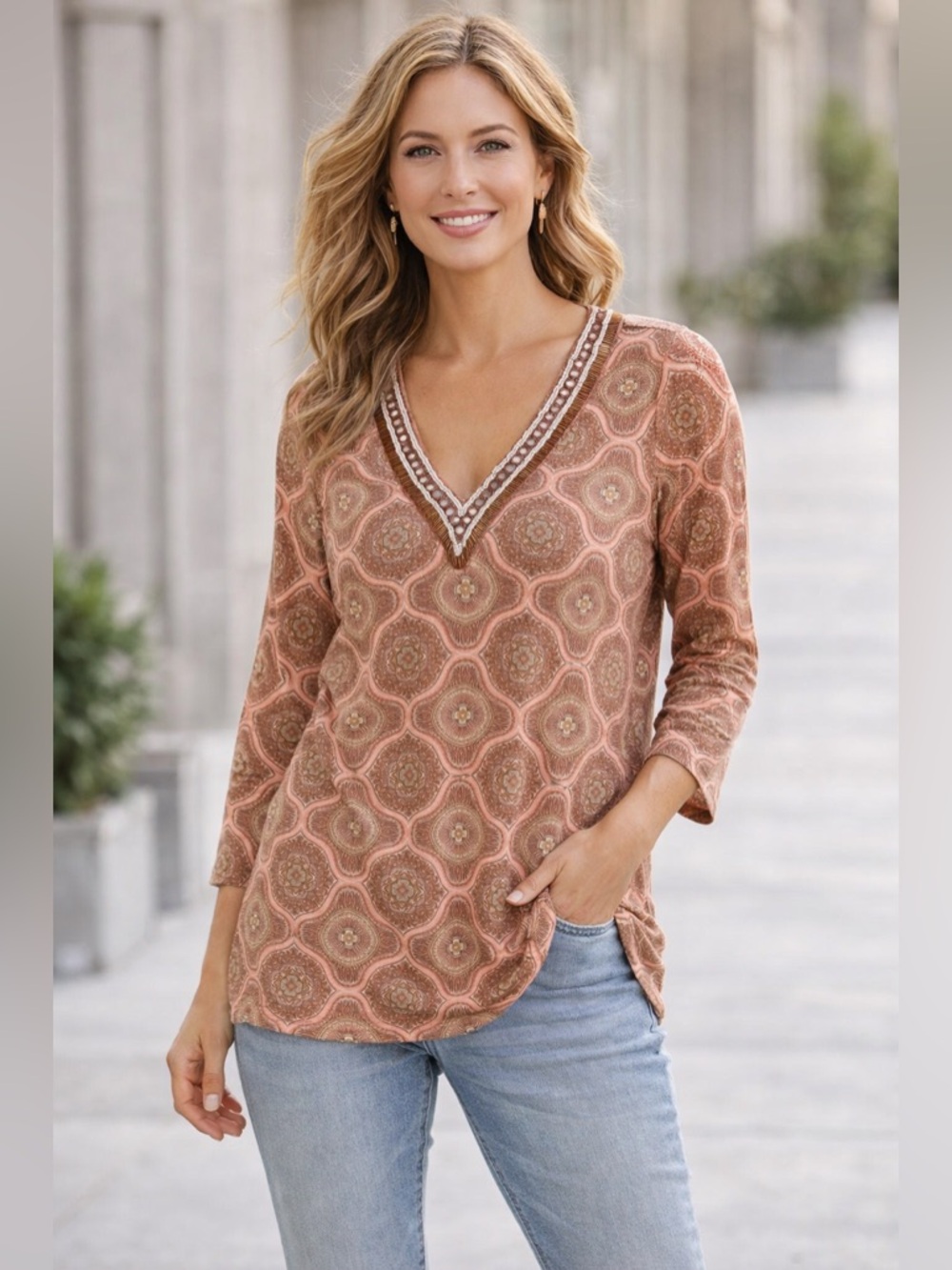 Soft Surroundings Beaded V-Neck Tunic Top Medium EUC Boho Medallion Print Tunic